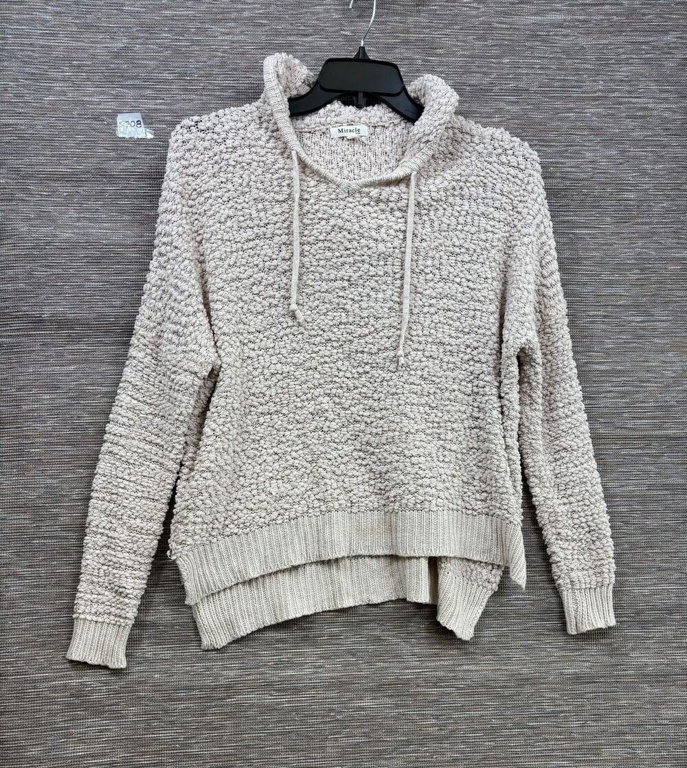 Miracle Sweater Womens Size M/L Beige Hooded Chunky Knit Pullover High Low Hem